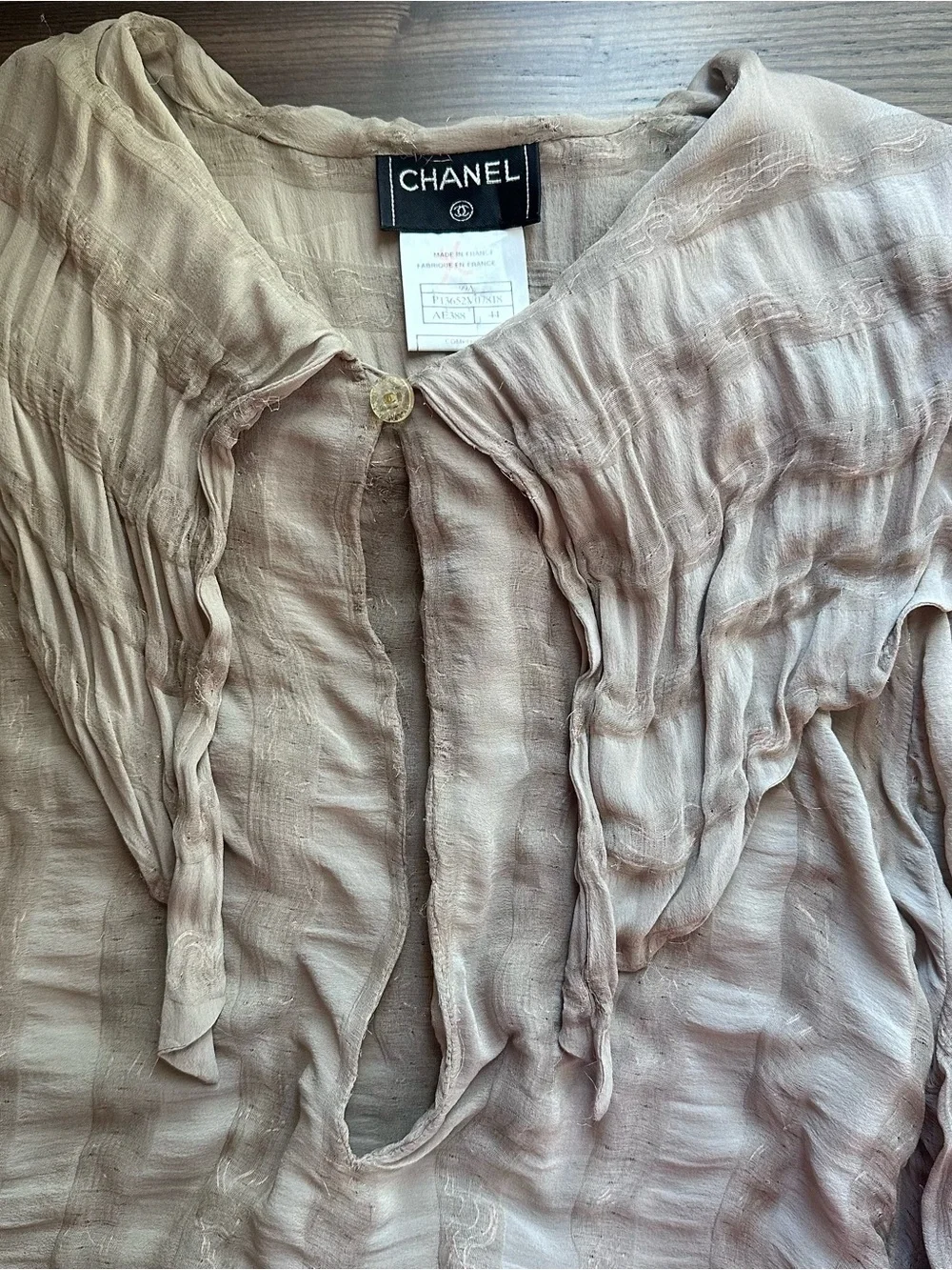 Vintage Chanel 1999A Silk Metallic Gauze Sailor Collar Blouse Taupe CC Button 44